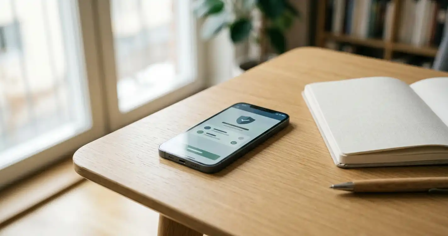 Smarttelefon bredvid en anteckningsbok och en kopp på ett ljust skrivbord
