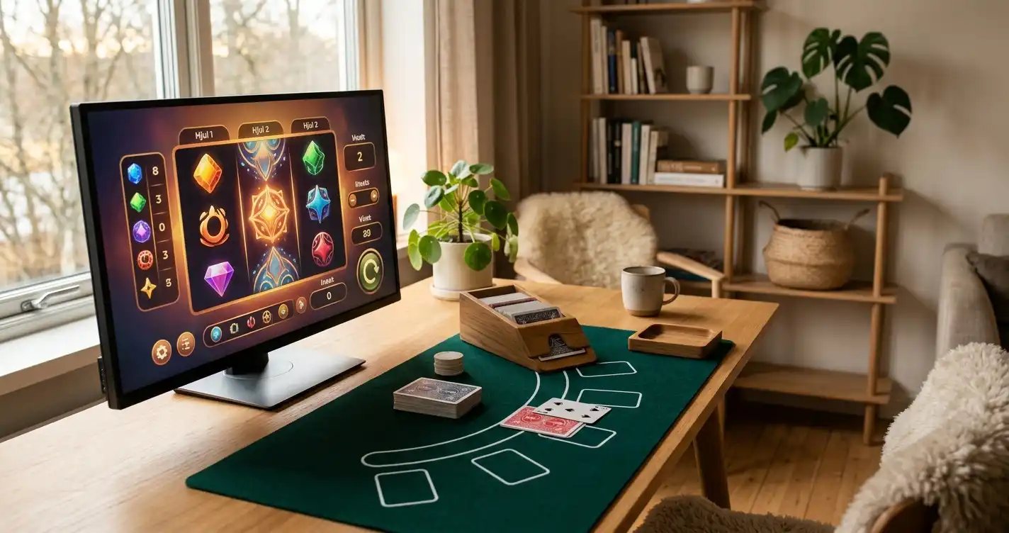 Ett bord med spelkort och en belyst skärm med abstrakta spelhjul