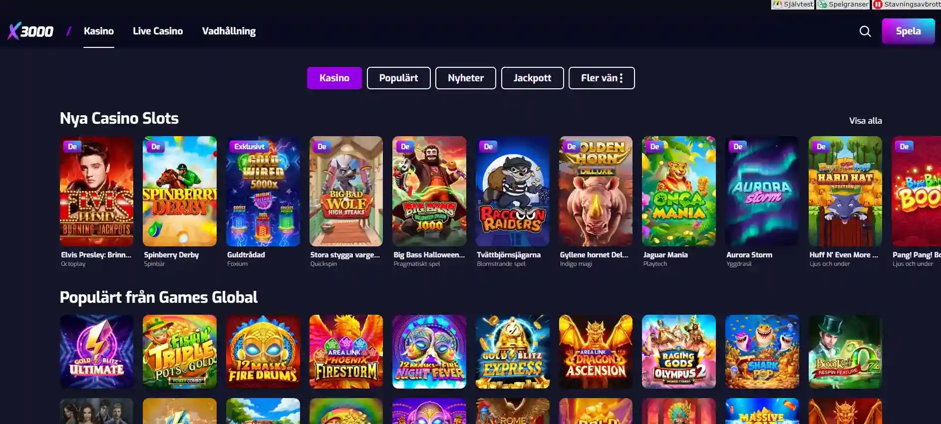 Skärmbild av Casino Gamis webbplats med dess spelutbud
